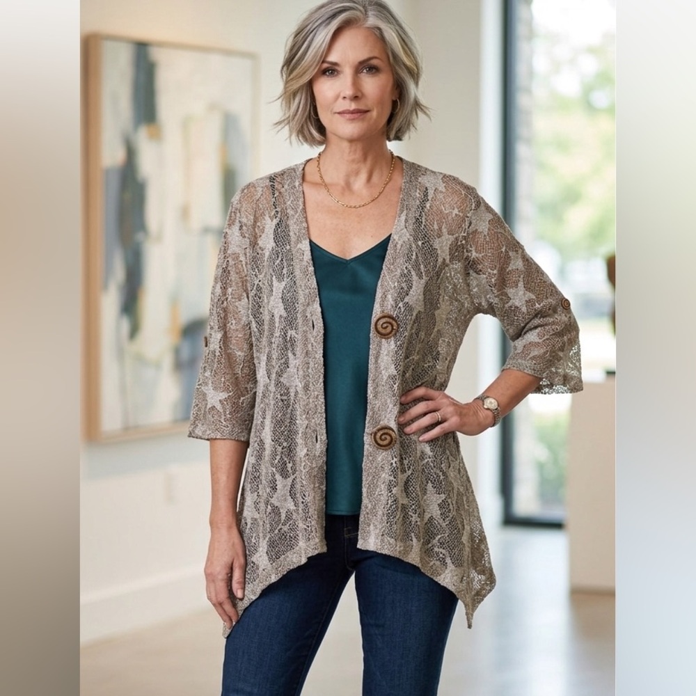 Lulu-b Medium Star Big Button Open Knit‎ Brown Neutral Cardigan Large